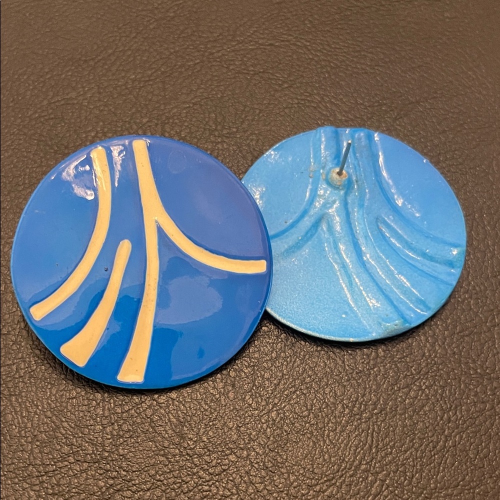Blue Enamel Round Earrings with Cream Wave Design